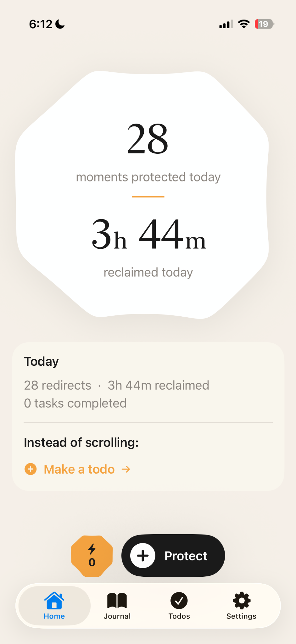 Polanthos iPhone home screen showing protected apps, mindful pauses, and reclaimed time